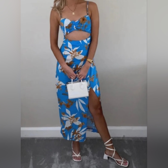 Zara blue floral cut out midi dress size S NWOT - Picture 5 of 10
